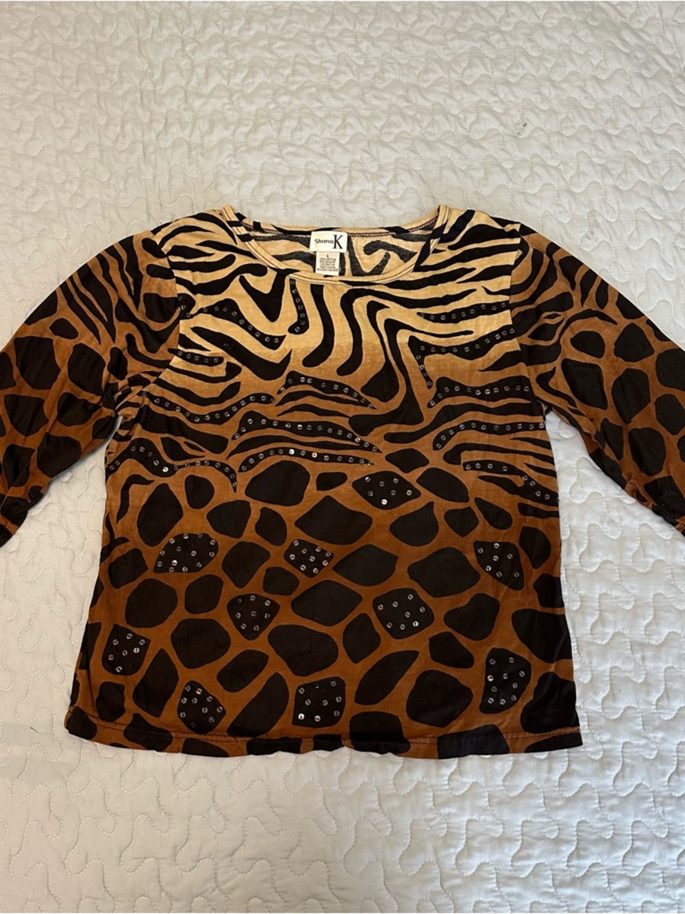 Shana K Animal Print Sequin Detail Quarter Sleeve Women’s Shirt